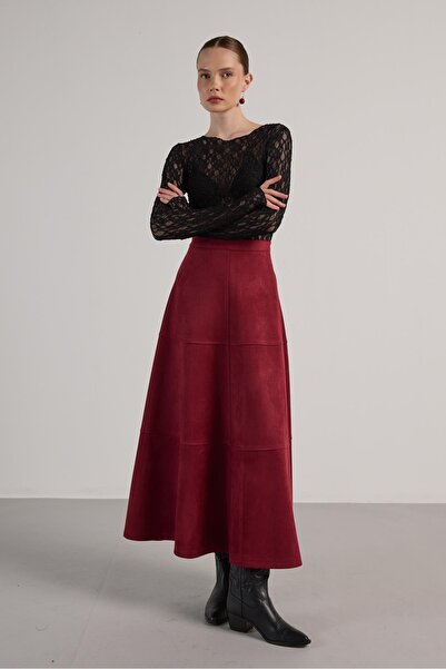 minaaise Fusta lungă din piele intoarsa pentru femei Burgundy Piece Diver 30040