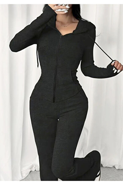 Little Visqon Kadın Uzun Kollu Kapüşonlu Bağcıklı Önü Fermuarlı Viskon İki İp...