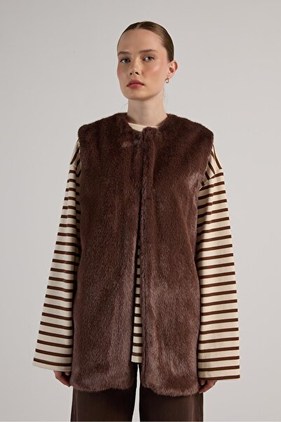 minaaise Women's Brown Long Lined Fur Vest 30072