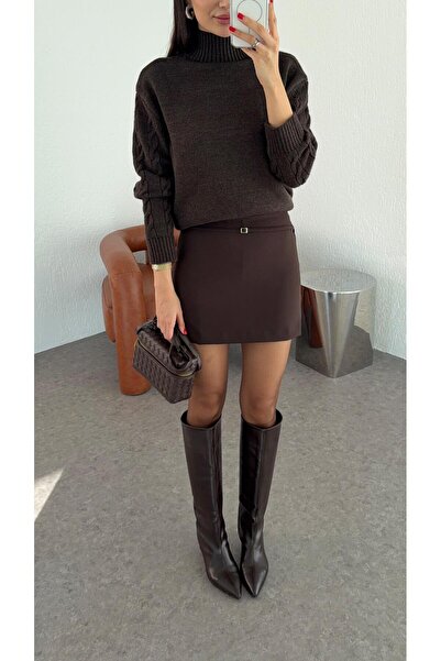 HAZELANNA Fusta scurtă maro amar cu curea