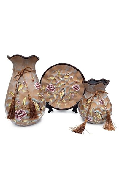 BV Set de 2 vaze decorative din ceramică și o farfurie, model floral, maro, 468G-1