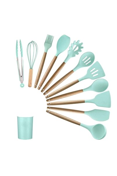 BV Set de 12 tacâmuri de bucătărie din silicon și lemn, turcoaz, 30 cm