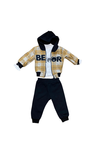 OEM BEAR baby boy outfit with plaid sweatshirt and black pants – 3-piece model with Hooded