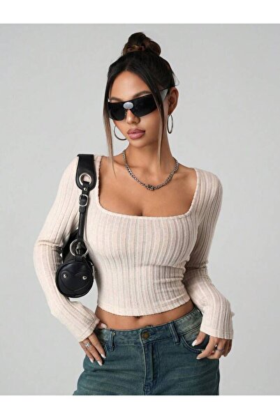 LOUİSA Women's Ribbed Knitted Fabric Long Sleeve Bodysuit