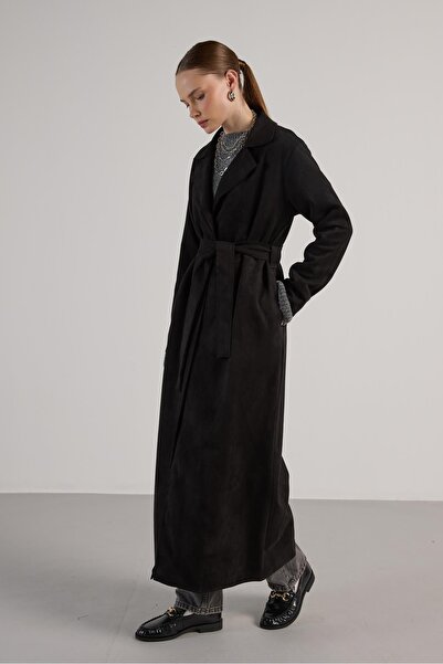 minaaise Kadın Siyah Dalgıç Süet Tam Boy Trençkot 30041