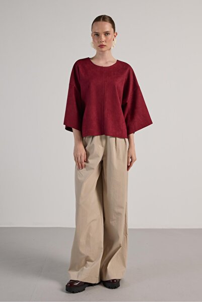 minaaise Γυναικεία μπλούζα με σπαστά στοιχεία από σουέτ κατάδυσης μπορντό 30038