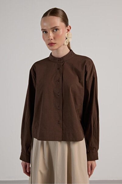 minaaise Γυναικείο κοντό πουκάμισο με σχέδιο καφέ oversize 30019