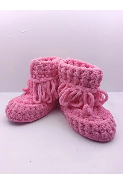 El Emeği Pembe Örgü Kız Çocuk Ev Patiği 21-22 Numara -