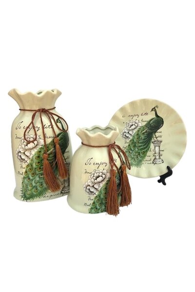 BV Set de 2 vaze și farfurie decorative din ceramică, Păuni, Alb, 447H