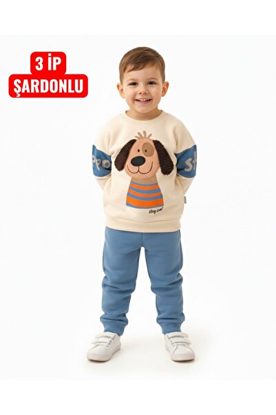 voyyo kids baby Boy's Winter 3-Strand Ribbed Cool Tracksuit Set with Dog Detail for Ages 2-3-4-5