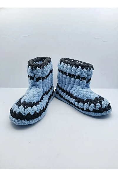 El Emeği Mavi Siyah Çizgili Çocuk Ev Patiği - El Örmesi 30-31 Numara