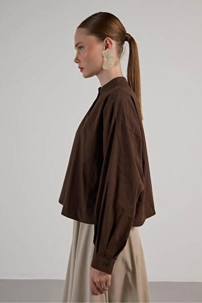 minaaise Γυναικείο κοντό πουκάμισο με σχέδιο καφέ oversize 30019