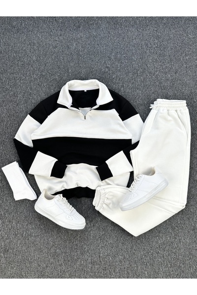 tetramoda Three-Thread Zippered Polo Neck Cotton Oversized Tracksuit Set