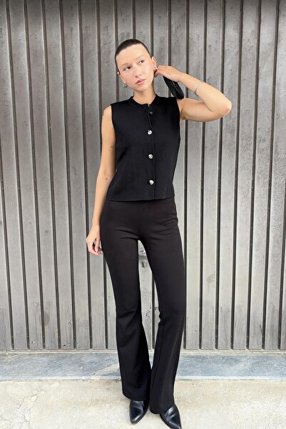 CHUBA Vestă de tricotat pentru femei, cu decolteu rotund, cu accesorii cu nasturi argintii, neagră 26W3035