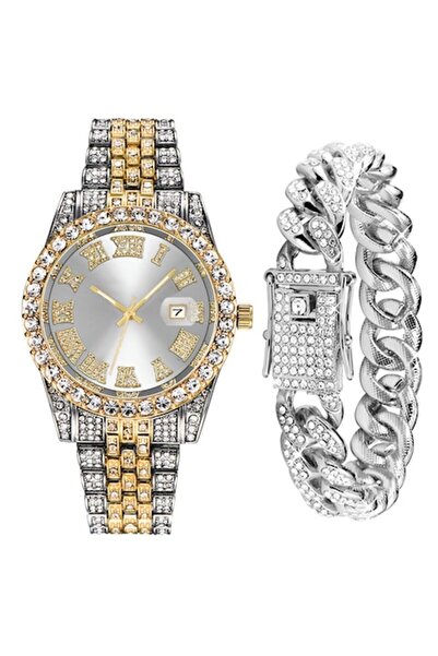 Tessero - Set ceas analogic Iced Out cu brățară cu lanț cubanez, cuarț, placare cu aur de 18K, argint