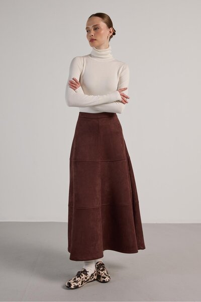 minaaise Fusta lungă din piele intoarsa maro pentru femei 30040