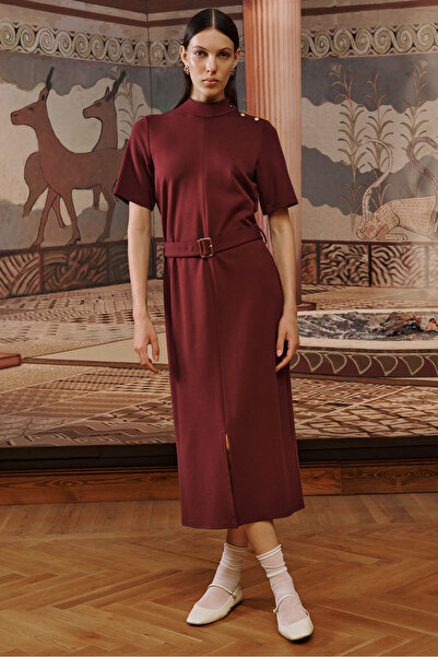 Naramaxx Yırtmaçlı Midi Boy Bordo Elbise