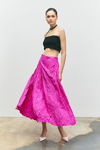 BİZE Kırışık Tafta Etek - Fuşya