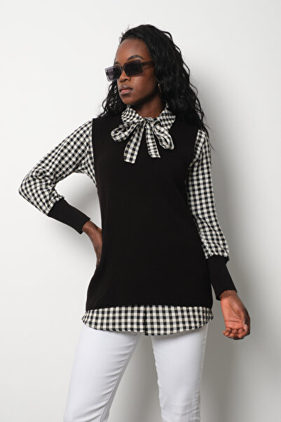 Moda Days Ribbed Knit Sweater and Checkered Shirt Two-Piece Combination