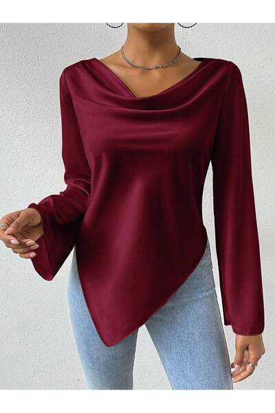 WEEST MODA Burgundy Polyester Fabric Draped Collar Spanish Sleeve Draped Collar Top Blouse