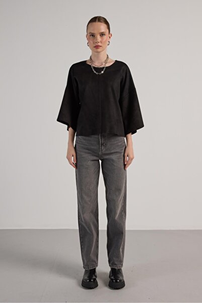 minaaise Γυναικεία μαύρη μπλούζα κατάδυσης από σουέτ 30038