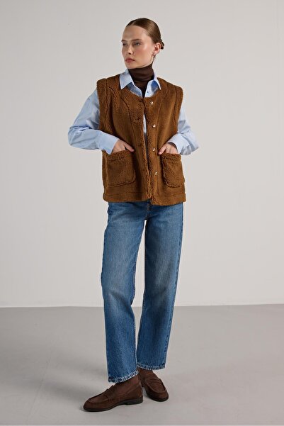 minaaise Γυναικείο βελούδινο γιλέκο Camel 30049