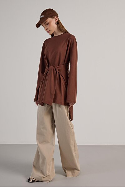 minaaise Γυναικείο μπλουζάκι με φαρδύ μανίκι σε καφέ χρώμα Oversize Long Basi...