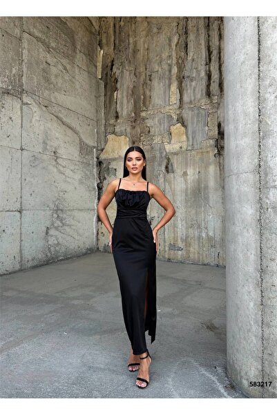 dükkan10butika Kadın Uzun İnce Askılı Fermuarlı Göğüs Drapeli Saten Elbise Abiye Balo Party Siyah