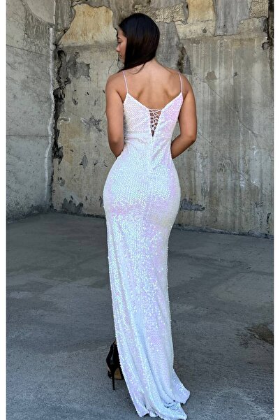 dükkan10butika Kadın Askılı Yırtmaçlı Pulpayet Pullu Kumaş Sırt Dekolteli Sır...