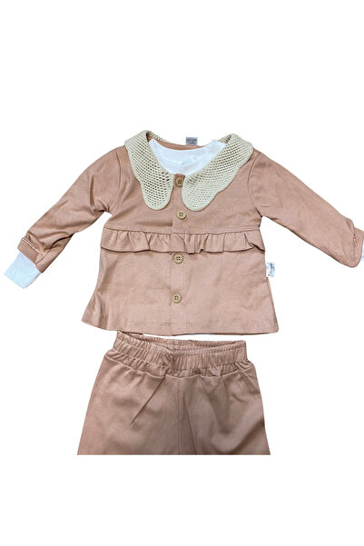 OEM Beige baby girl outfit with crochet collar – elegant model with ruffles and buttons