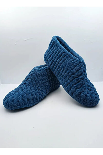 El Emeği Mavi Örme Kadın Ev Patiği - Yumuşak ve Sıcak - 37-38 Numara