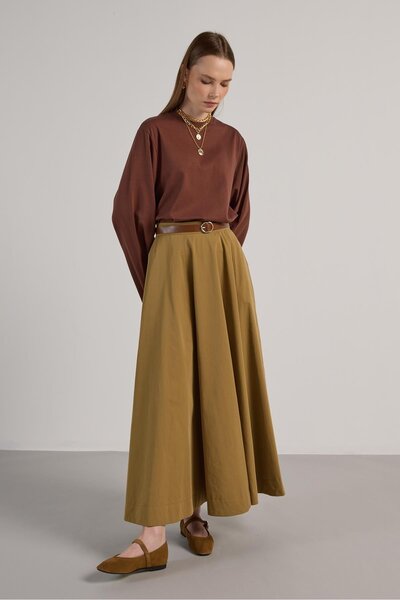 minaaise Γυναικεία Φούστα Λαδί Πράσινη Premium Υφασμάτινη Φούστα Μακριά 30015