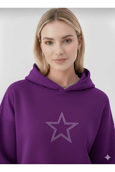 blackbonds 2 İplik Kalın Şardonlu Yıldız Taş Baskılı Oversize Hoodie