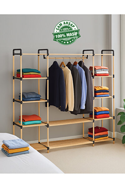 Nwood PAZARAZA NA04 MODULER %100 MASİF AHŞAP AÇIK GARDROP ELBİSE ASKISI VE RAF