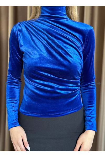 rushana Bluză din țesătură elastică din catifea pentru femei, cu îmbrățișare laterală și pe umăr