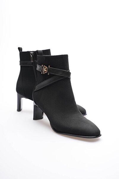 Mubiano Kadın Süet Bot Topuklu Fermuarlı Gold Aksesuarlı Siyah Tirena