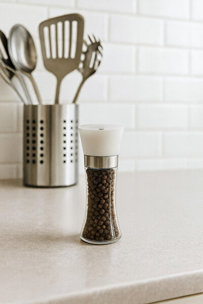 Genel Markalar Cam Gövdeli Beyaz Renk Kapaklı Tuz Karabiber Değirmeni Tuz Kar...