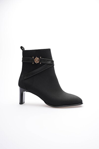 Mubiano Kadın Süet Bot Topuklu Fermuarlı Gold Aksesuarlı Siyah Tirena
