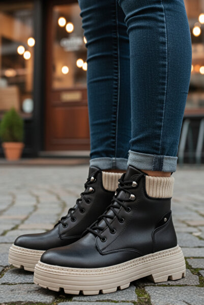 Ekonomik Ayakkabı Women's Black Women's Boots – Thick Sole, Knit Detail, Casu...