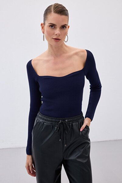 Sateen Kalp Yaka Triko Bluz - Lacivert