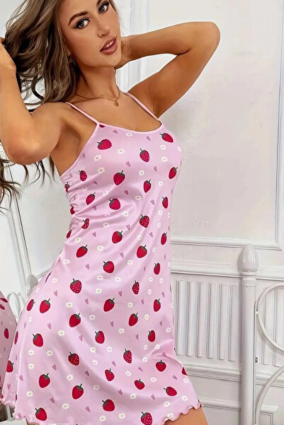 HUBANN Strawberry Printed Suspender Nightgown - Soft Nightgown