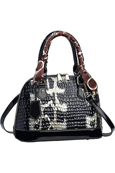 OEM Elegant women's shoulder bag, vegan leather crocodile pattern, black