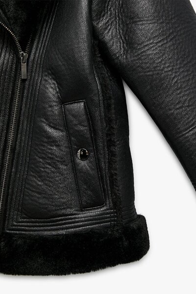 Koton Women's Plush Lined Long Sleeve Collar Faux Fur Double Breasted Leather Look Jacket 6Wak