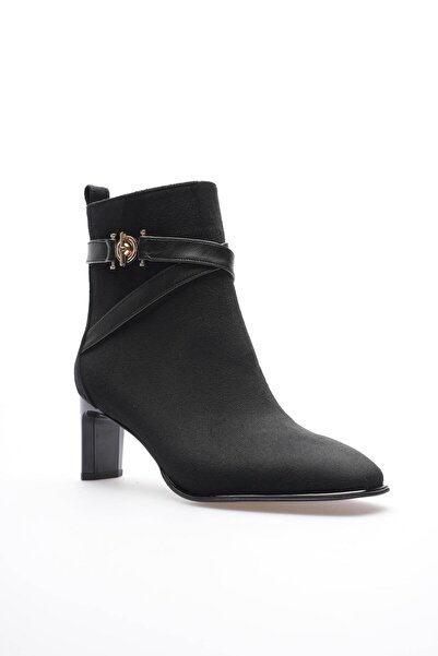 Mubiano Kadın Süet Bot Topuklu Fermuarlı Gold Aksesuarlı Siyah Tirena