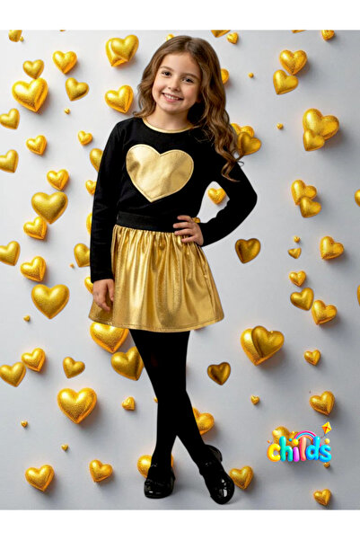 childs Top and Bottom Set Black Long Sleeve Two-Thread Thin No-Iron Top Shiny Lycra Gold Skirt.