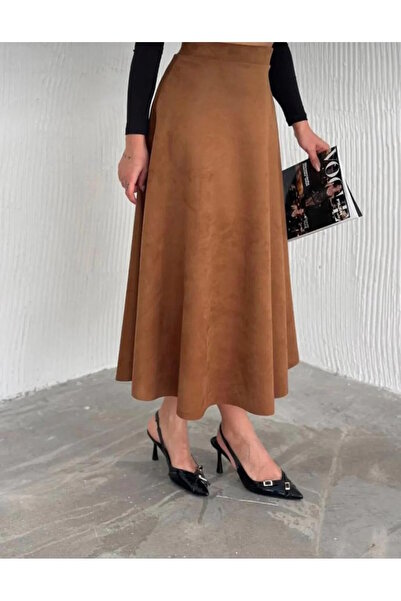 YUSUF CAN KARATAŞ KARATAŞ GİYİM Women's Elastic Waist Suede Fabric Tan Color Kilos Skirt Length 95 cm