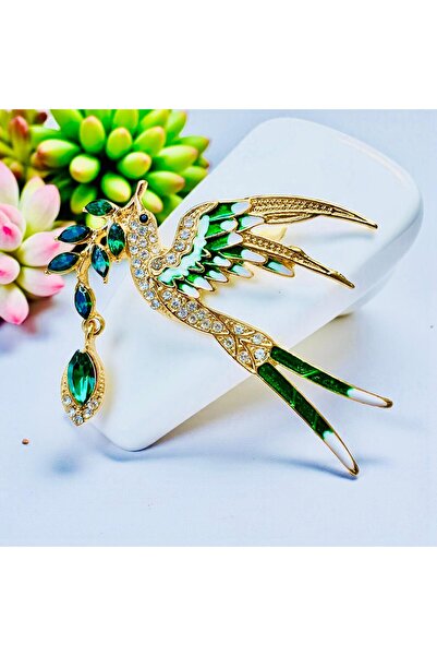 Rachel Silver Zirkon Taşlı Yeşil Mineli Altın Renk Yeşil Taşlı Kuş Broş