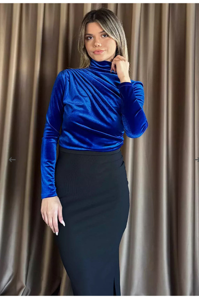 rushana Bluză din țesătură elastică din catifea pentru femei, cu îmbrățișare laterală și pe umăr