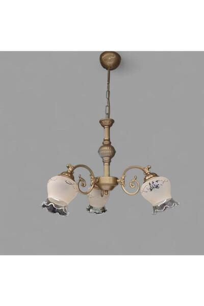 DEDE ÇİCEK KOL ÜÇ KOLLU METAL ZAMAK AVİZE ESKİTME STATİK BOYALI MAT SOMON RENGİ CAMLI