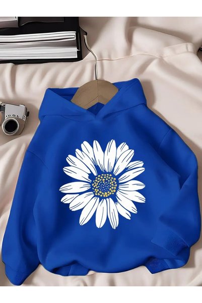 oneagılyazı Long Sleeve Hooded Sweatshirt for Girls - White Daisy Pattern